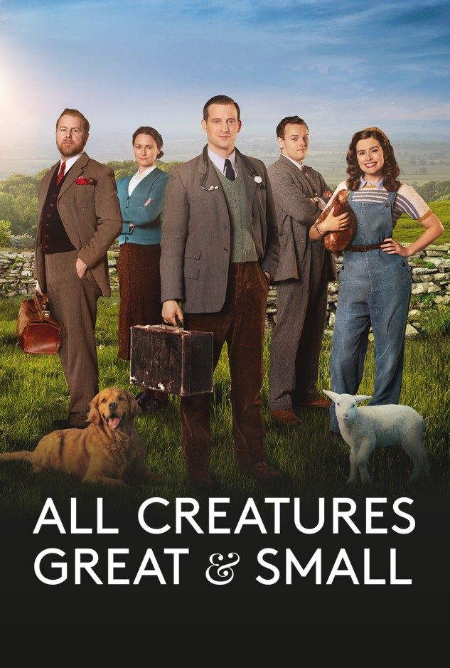 All Creatures Great & Small key art: the cast standing in a Yorkshire Dales field with a golden retriever and a lamb